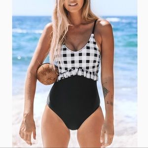 Cupshe Gingham and Black Ruffle Swimsuit S
